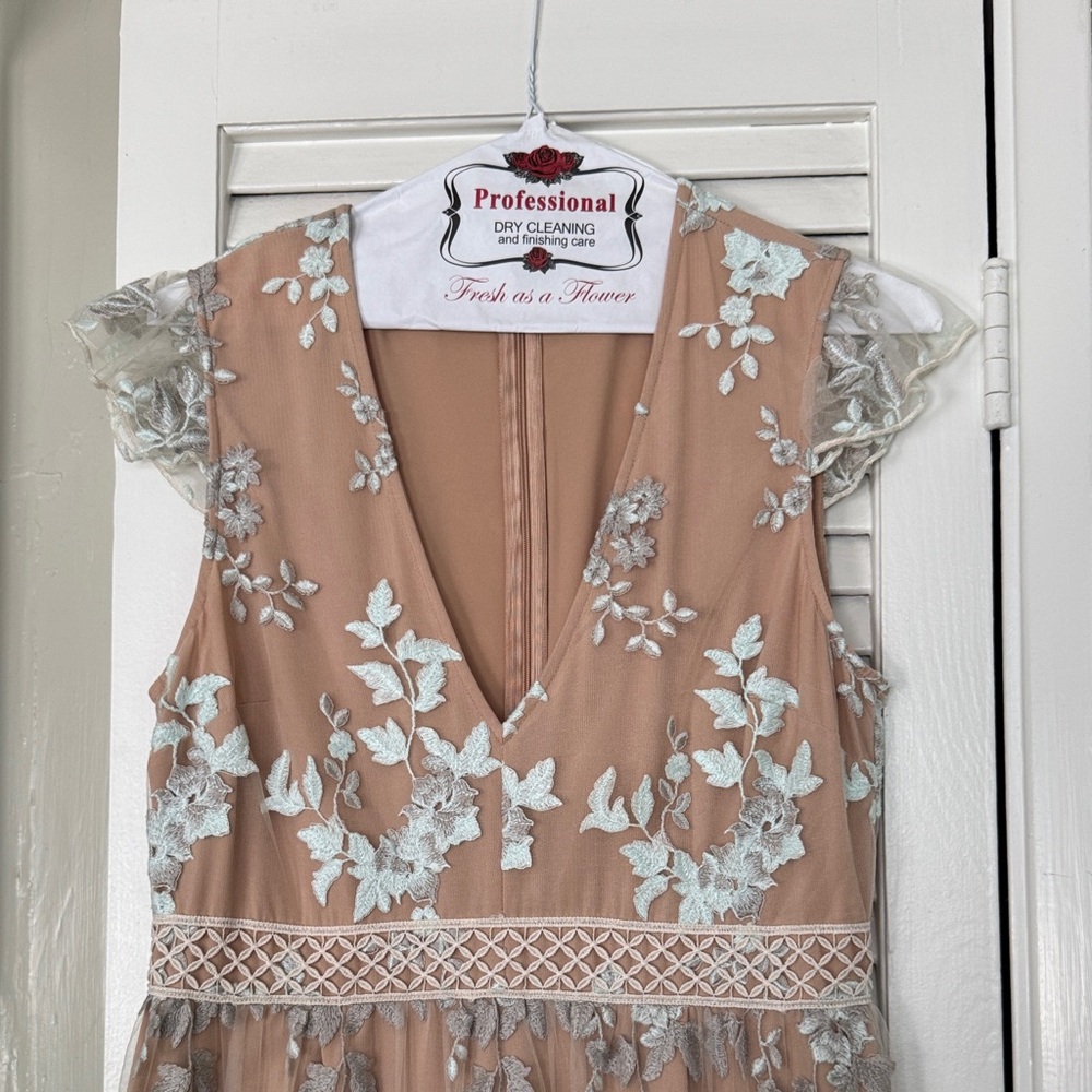 Wayf Embroidered Dress with Sheer Floral Sleeves